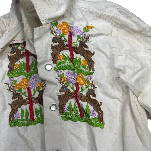 Vintage 60s 70s Embroidered Pearl Snap Big Collar Shirt Deer Floral Youth XS - Picture 5 of 7